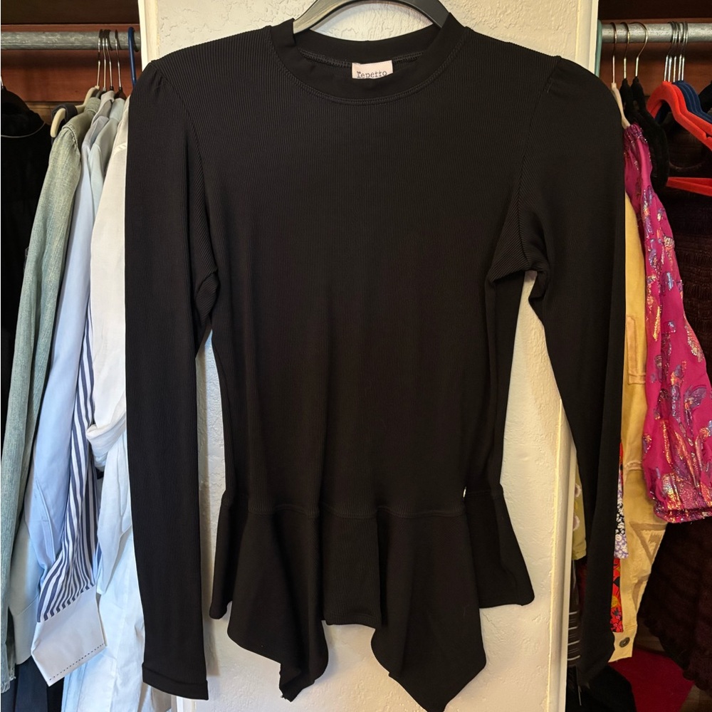 Repetto Audra Black Long Sleeve Asymmetrical Peplum Top